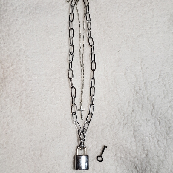 Silver Multilayer Padlock & Cross Chain Necklace - Picture 8 of 8